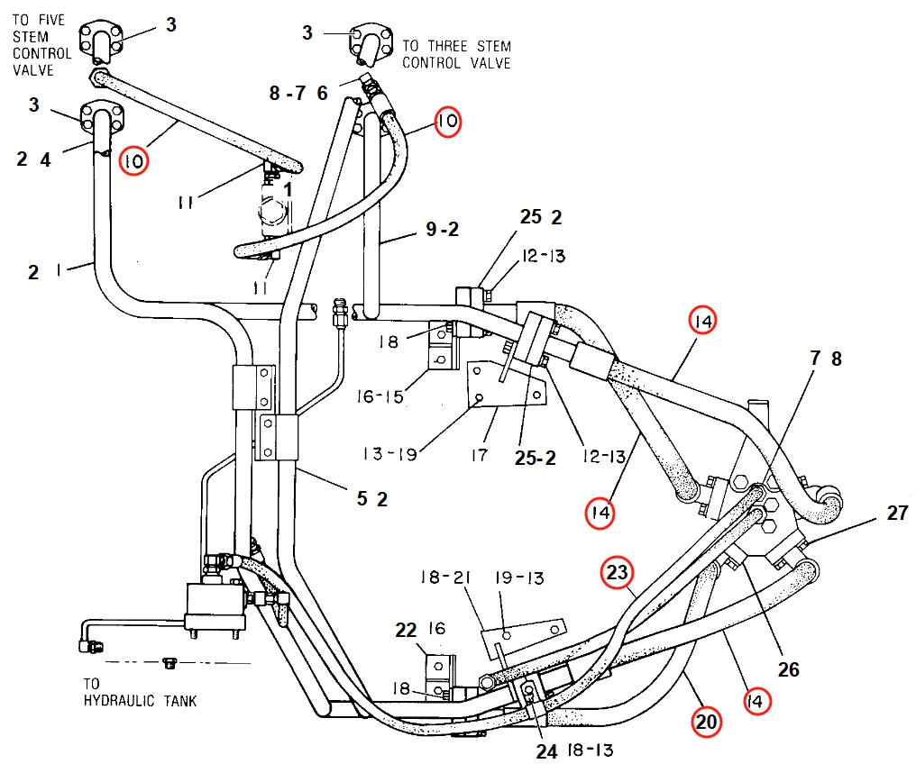 Caterpillar CAT®225B installation diagram showing hydraulic hose 6W-2445 at Pipe No. 23