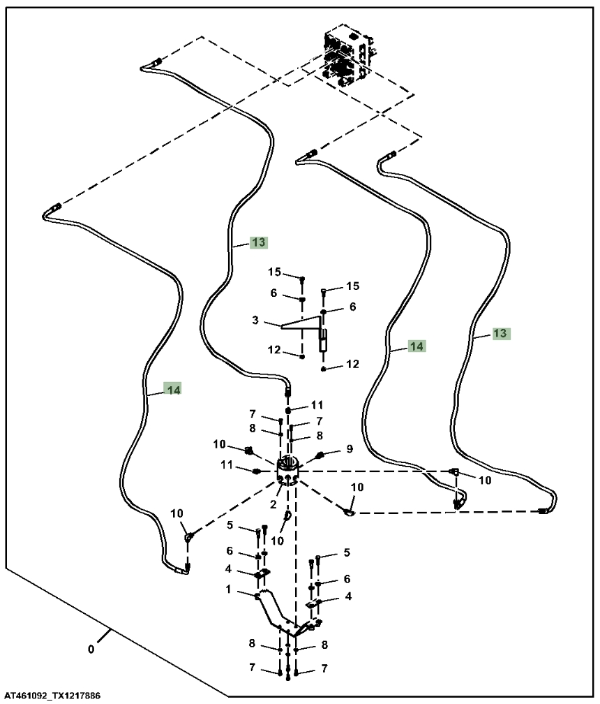 Hitachi ZX470LC-6 installation diagram showing hydraulic hose 4648203 at Pipe No. 14