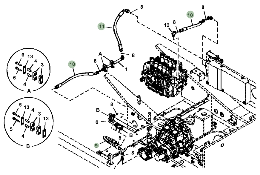Hitachi ZX470LC-6 installation diagram showing hydraulic hose 4636859 at Pipe No. 10