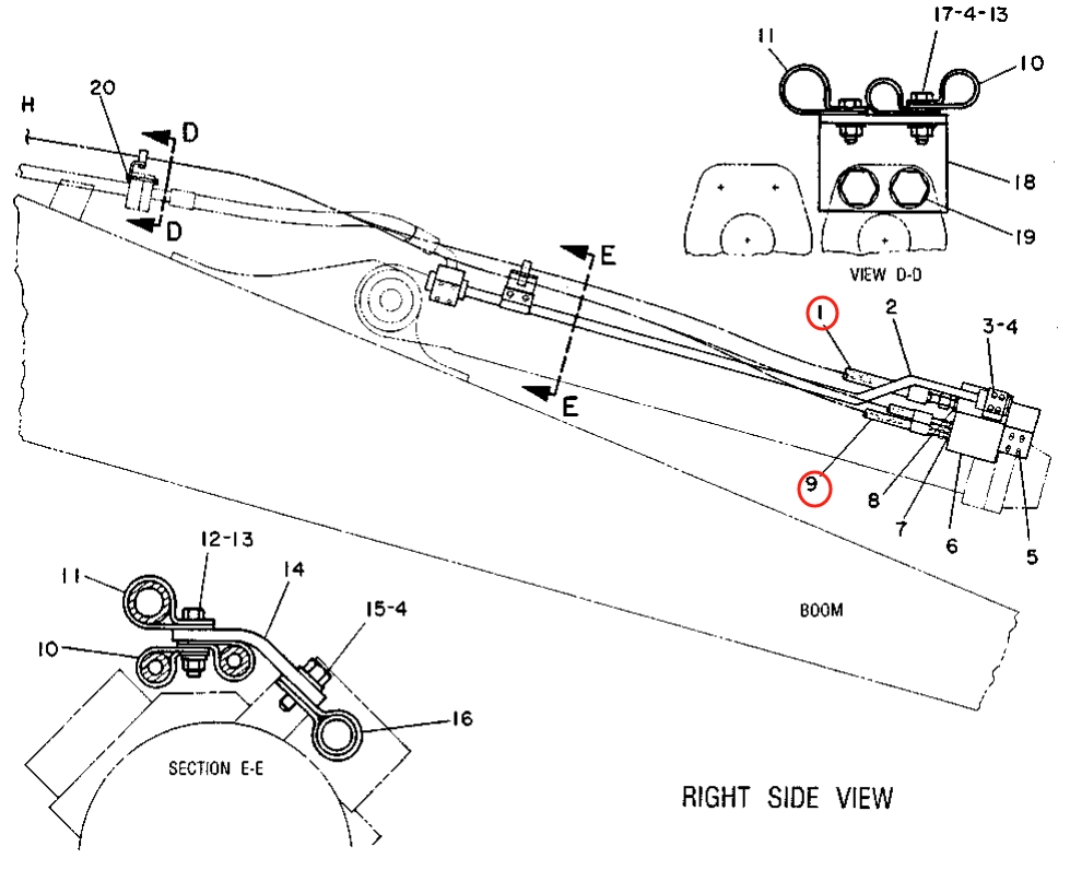 Caterpillar CAT®215C installation diagram showing hydraulic hose 6W-7642 at Pipe No. 9