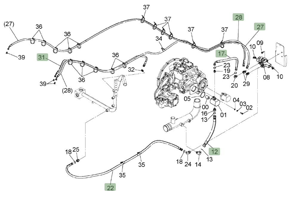 Hitachi ZX450LC-3 installation diagram showing hydraulic hose 4316023 at Pipe No. 12