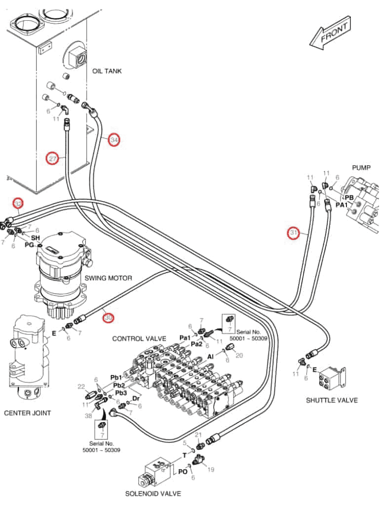 Doosan DX55 installation diagram showing hydraulic hose DS2093181 at Pipe No. 27