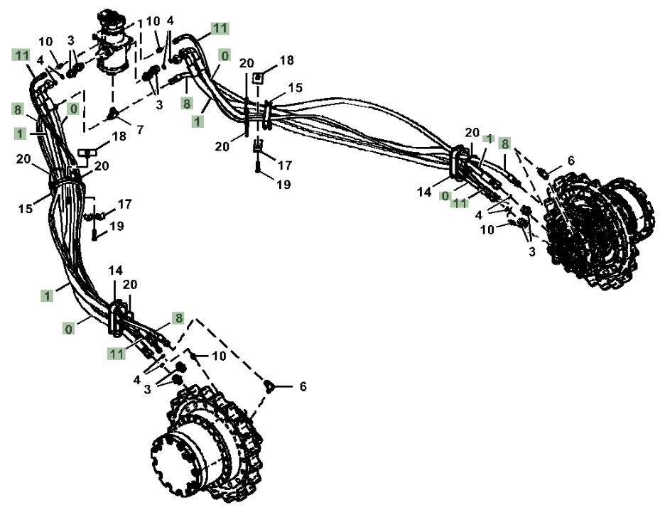 Hitachi ZX210LC-5A installation diagram showing hydraulic hose 4447566 at Pipe No. 11