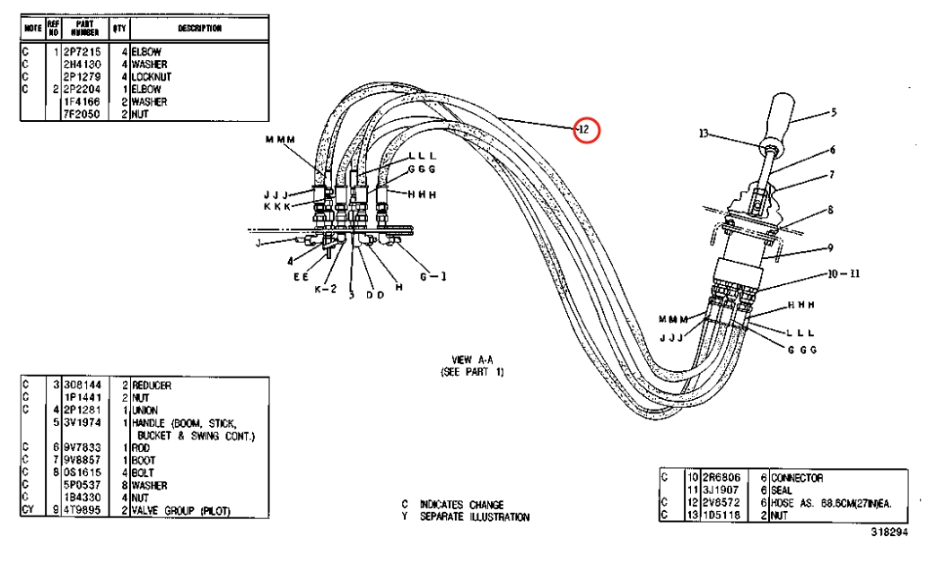 Caterpillar CAT®215B installation diagram showing hydraulic hose 2V-8572 at Pipe No. 12