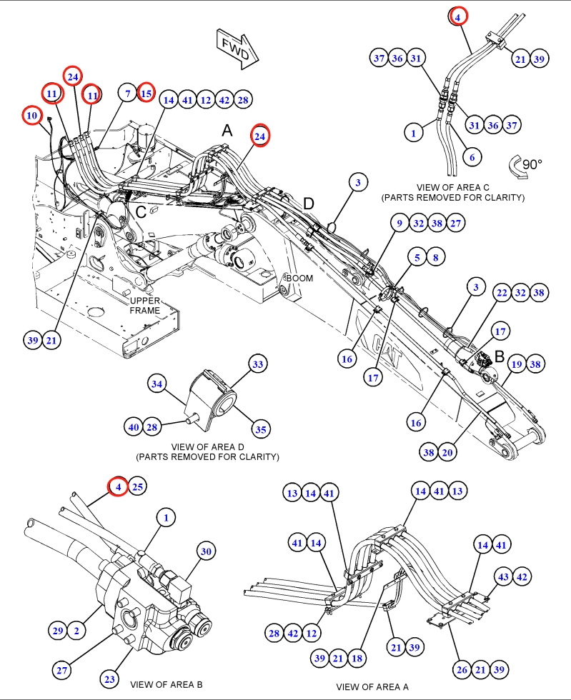 Caterpillar CAT®M315F installation diagram showing hydraulic hose 444-8209 at Pipe No. 24