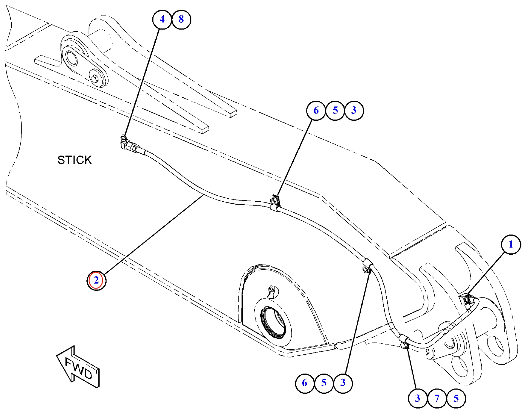 Caterpillar CAT®314E LCR installation diagram showing hydraulic hose 108-9097 at Pipe No. 2