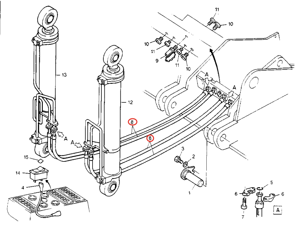 Caterpillar CAT®214B installation diagram showing hydraulic hose 8U-1071 at Pipe No. 8