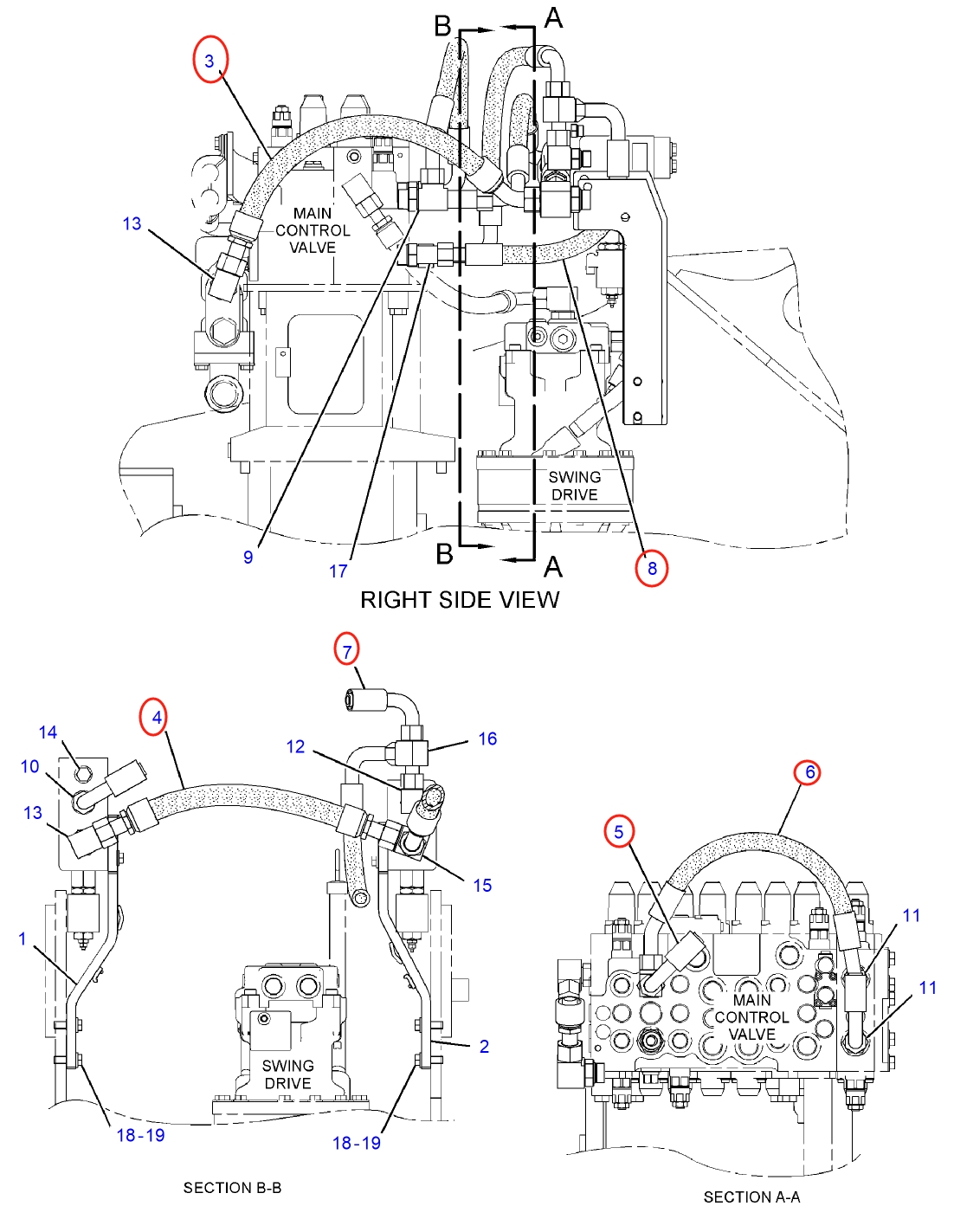 Caterpillar CAT®312E L installation diagram showing hydraulic hose 381-5866 at Pipe No. 4