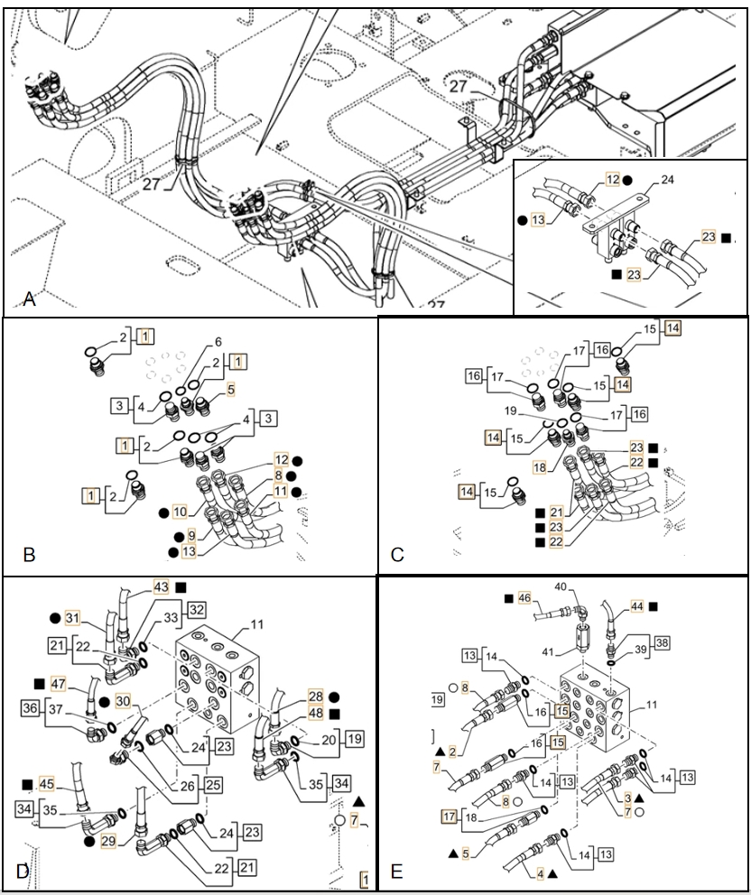 Case CX130D LC installation diagram showing hydraulic hose 159211A1 at Pipe No. B8-E2