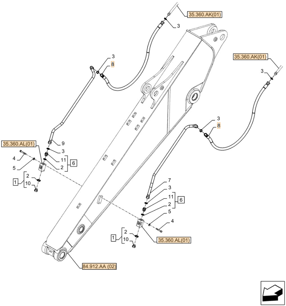 Case CX250D LC installation diagram showing hydraulic hose KRV19740 at Pipe No. 8