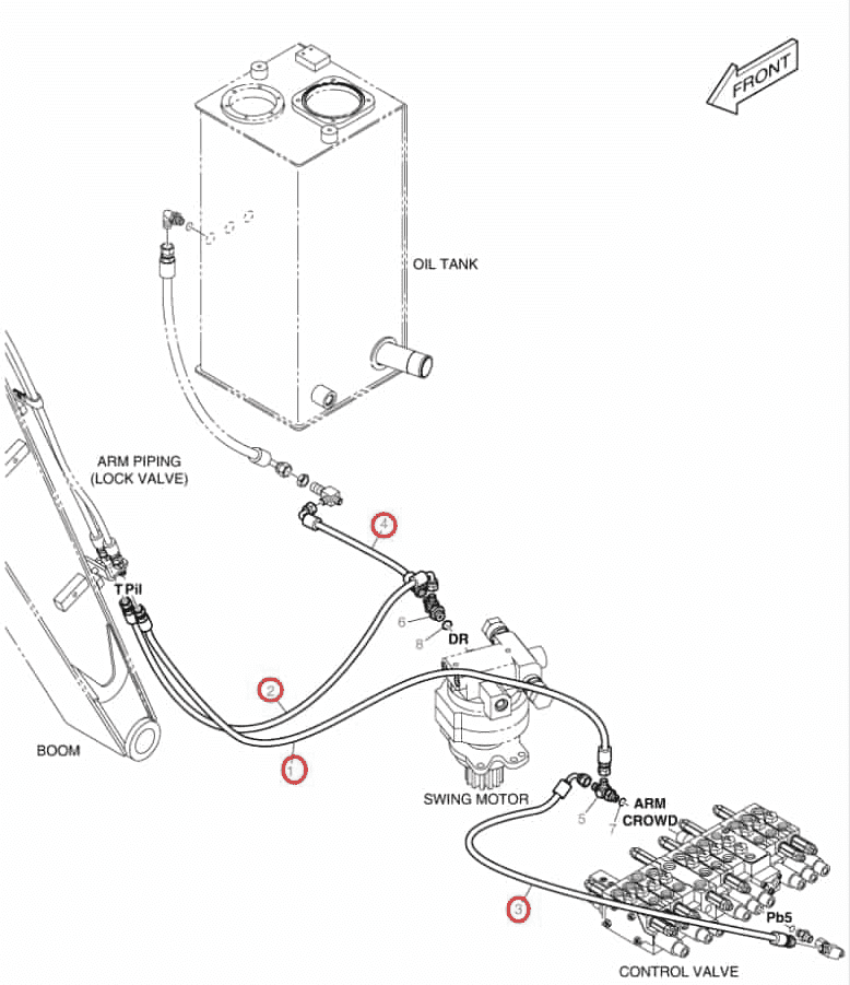 Doosan DX27Z installation diagram showing hydraulic hose DS2093008 at Pipe No. 2