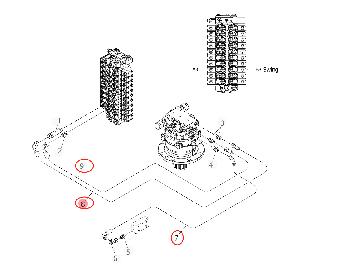 Sunward SWE35UF installation diagram showing hydraulic hose 730502000092 at Pipe No. 7