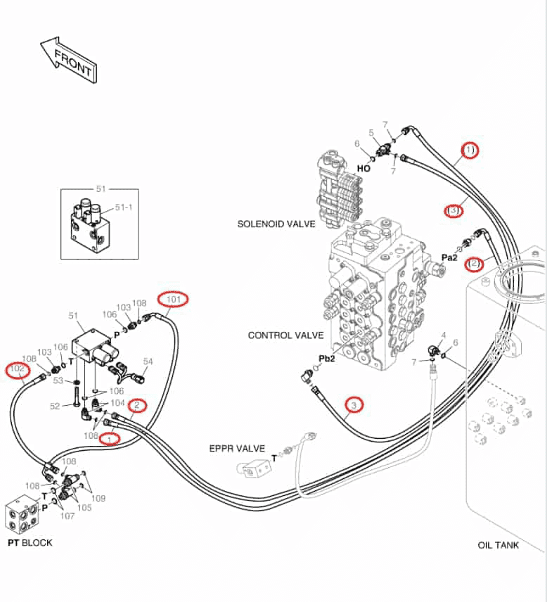 Doosan DX140LCR-5 installation diagram showing hydraulic hose DS2121203 at Pipe No. 1