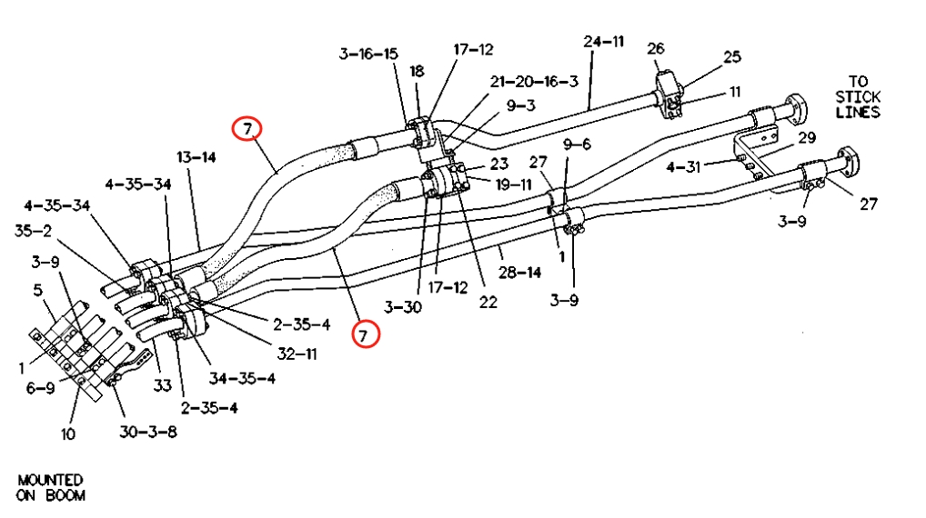 Caterpillar CAT®225B installation diagram showing hydraulic hose 8K-3209 at Pipe No. 7