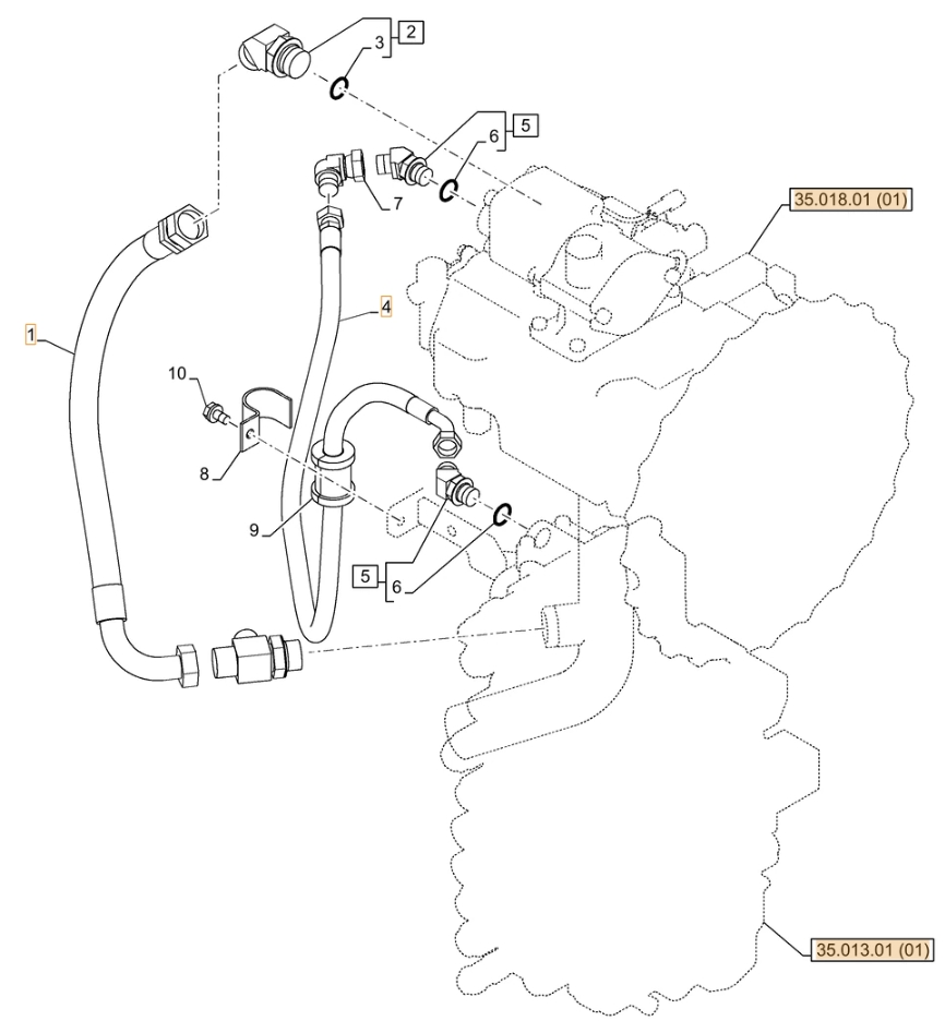 Case CX130C LC installation diagram showing hydraulic hose KRJ10750 at Pipe No. 1