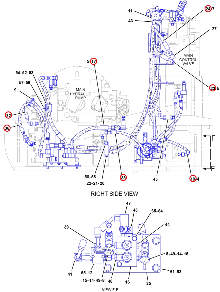 Caterpillar CAT®312D installation diagram showing hydraulic hose 282-7566 at Pipe No. 24