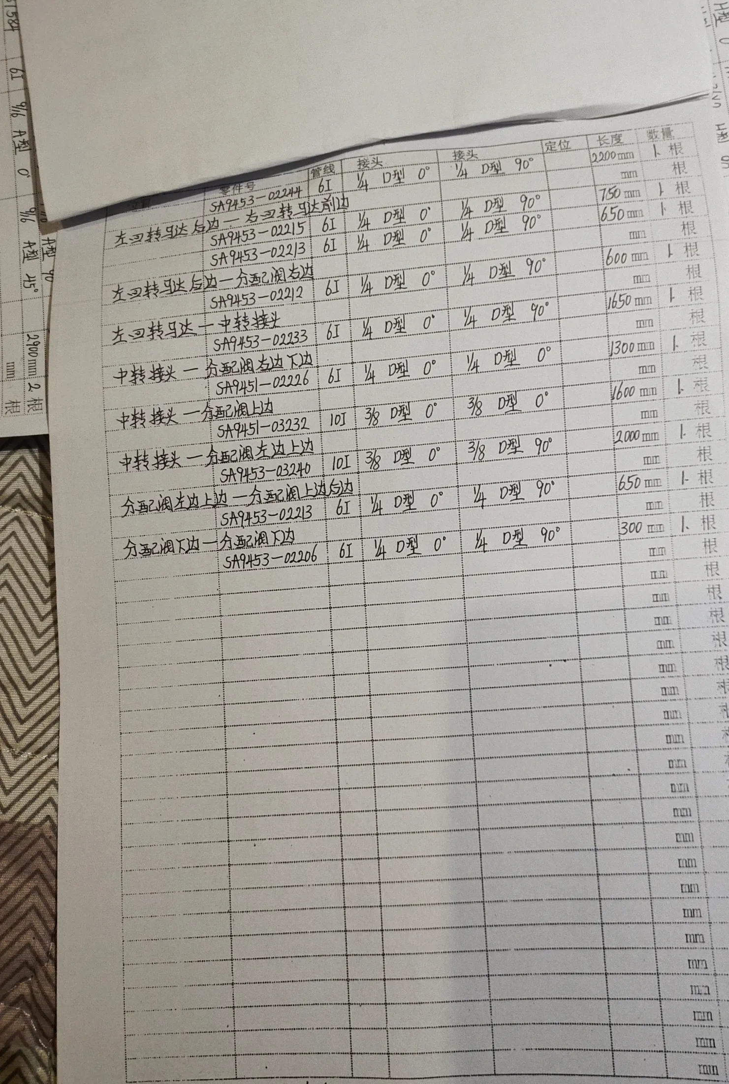 Volvo EC460B LC hydraulic hose part numbers and recorded lengths — technician notebook page 6 of 6