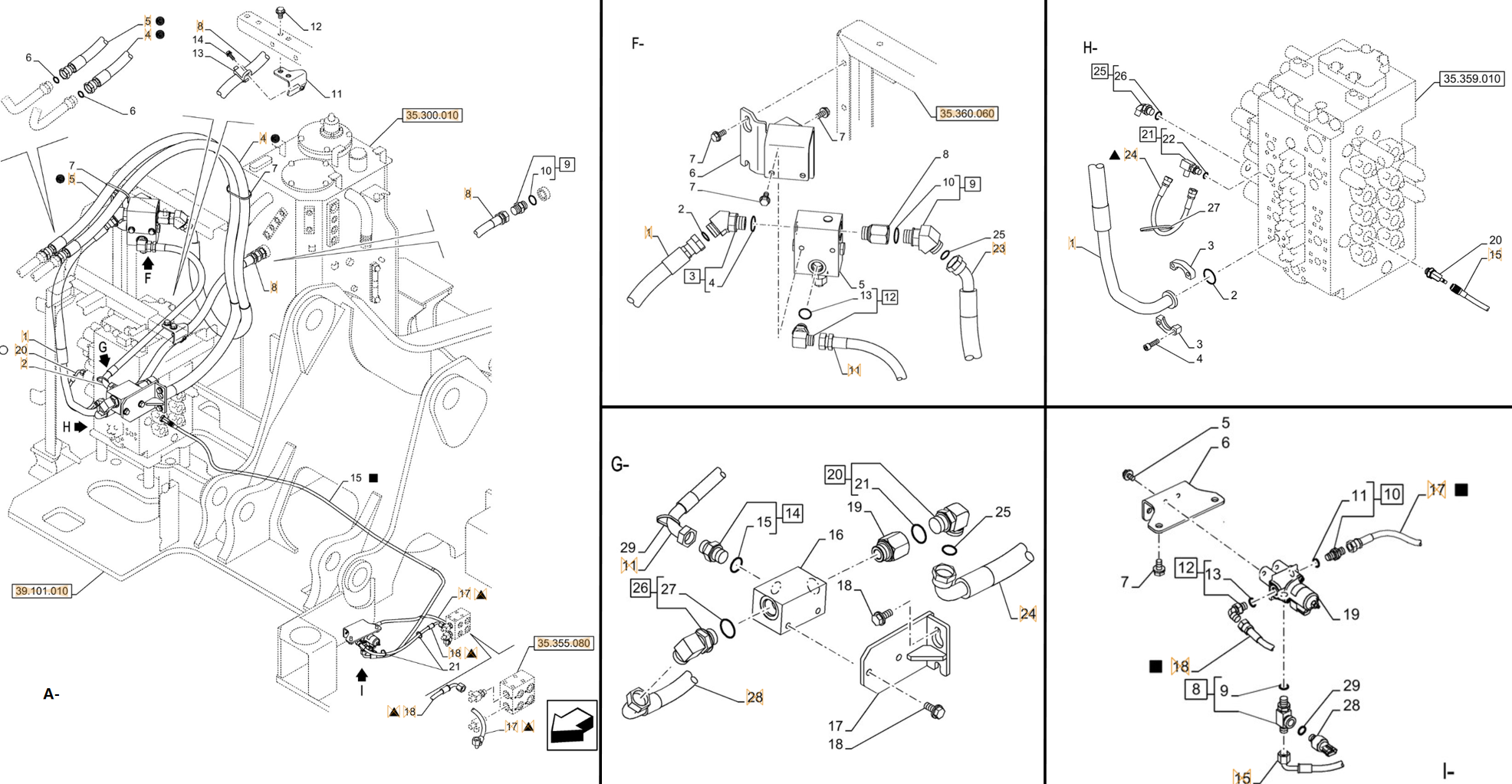 Case CX245D SR installation diagram showing hydraulic hose KHJ2044 at Pipe No. A20-H24