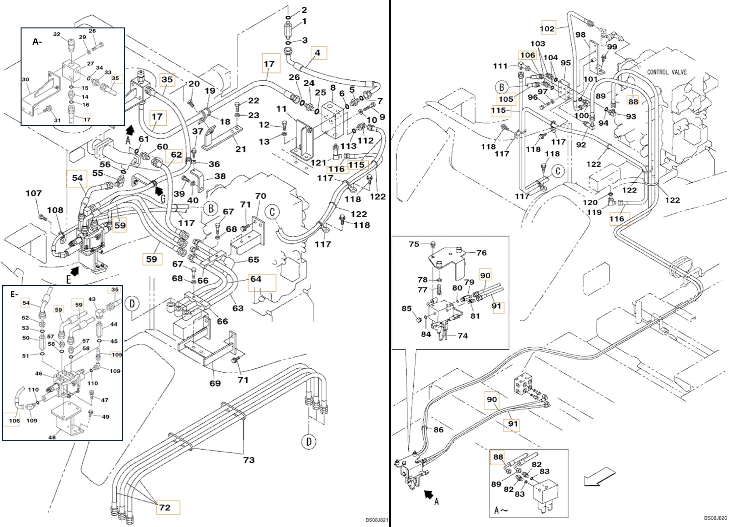 Case CX800B installation diagram showing hydraulic hose 159044A1 at Pipe No. 102