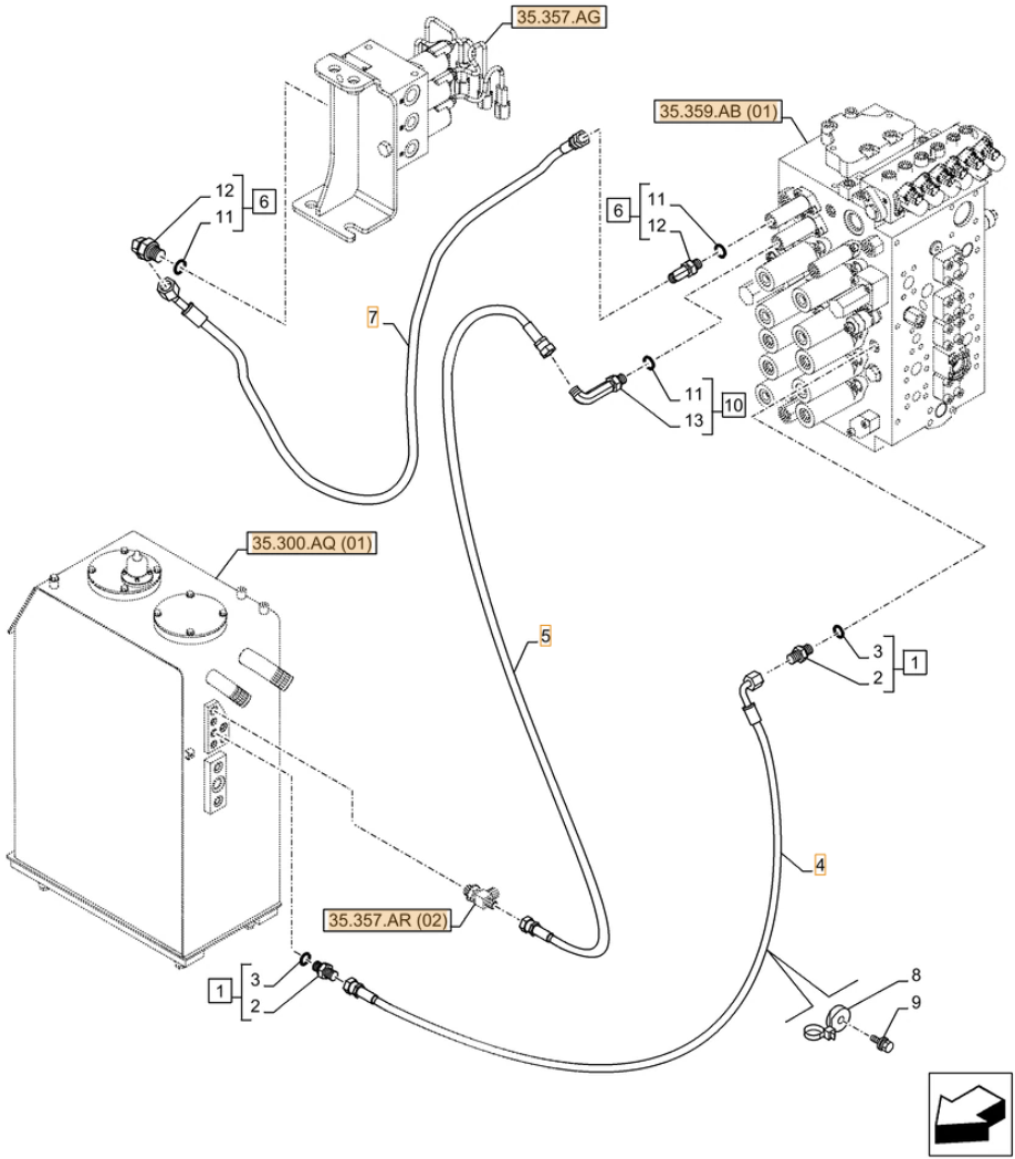 Case CX250D LC LR installation diagram showing hydraulic hose KHJ13800 at Pipe No. 4