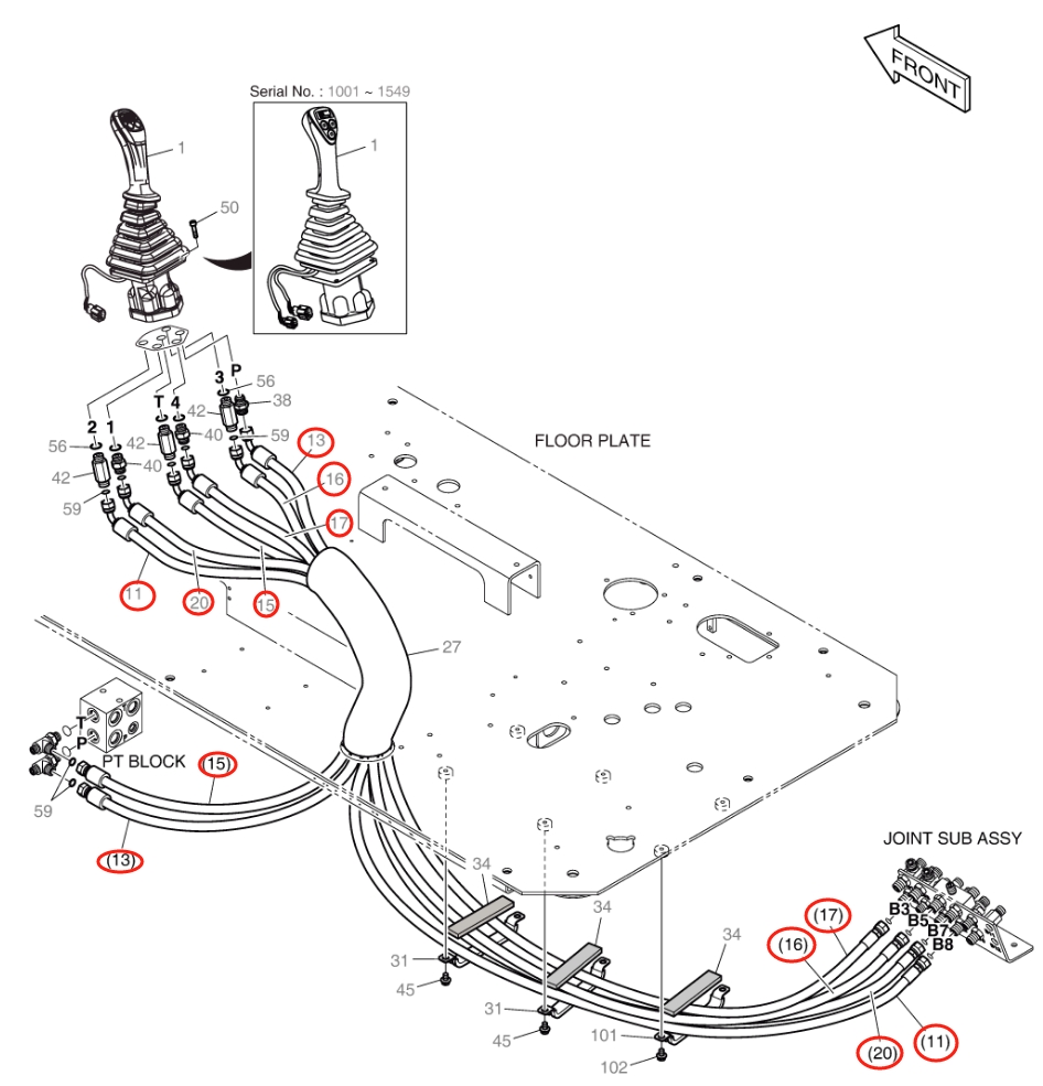 Doosan DX140W-5 installation diagram showing hydraulic hose DS2113003 at Pipe No. 11