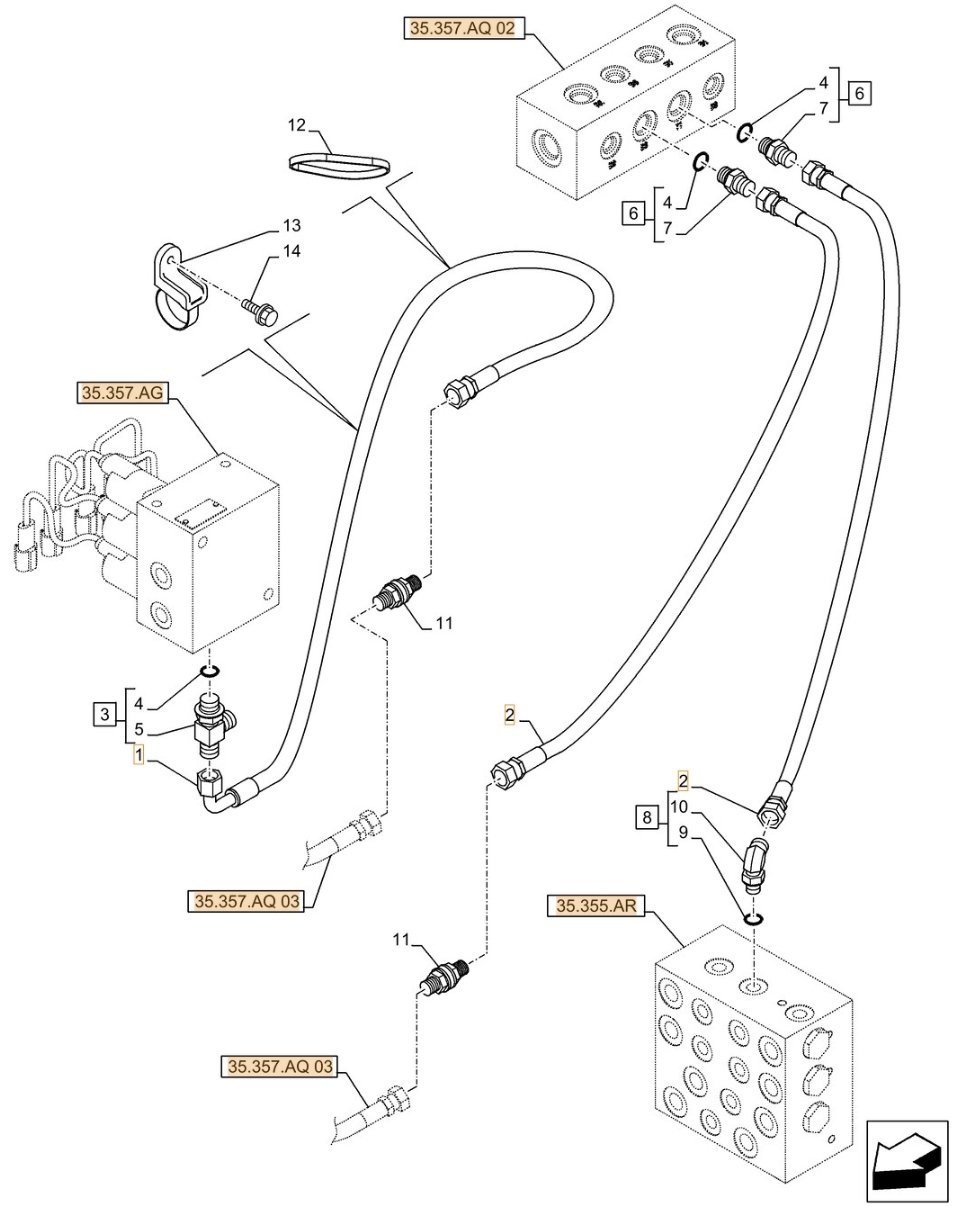 Case CX500D LC installation diagram showing hydraulic hose KHJ2318 at Pipe No. 2