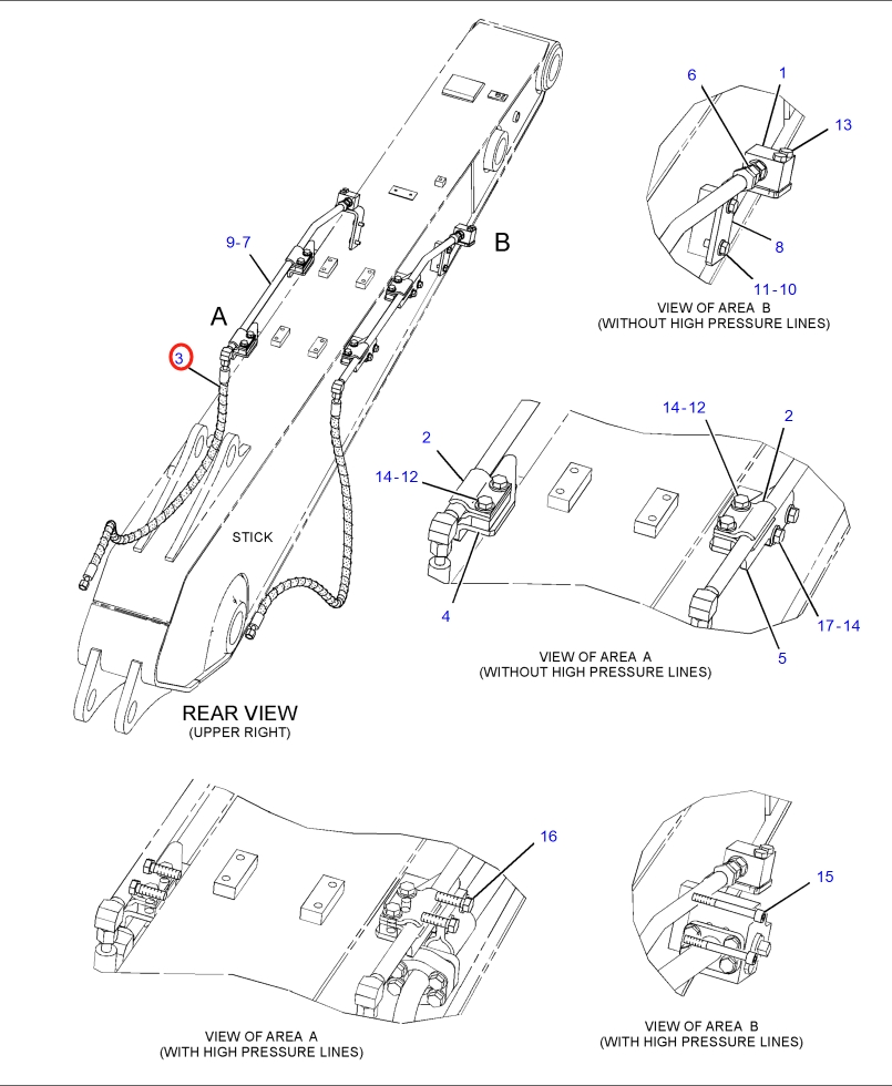Caterpillar CAT®316E L installation diagram showing hydraulic hose 173-7865 at Pipe No. 3