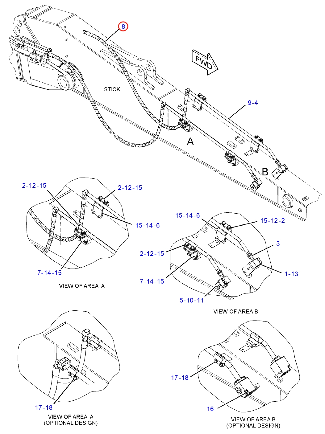 Caterpillar CAT®312D L installation diagram showing hydraulic hose 288-7709 at Pipe No. 8