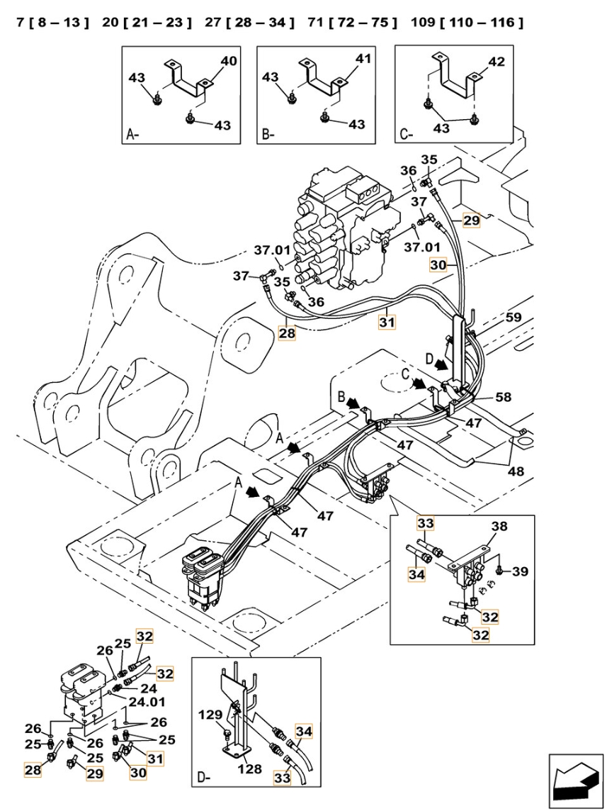 Case CX130C W/B installation diagram showing hydraulic hose KHJ14330 at Pipe No. 33