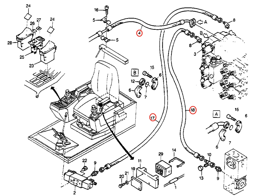 Caterpillar CAT®205B installation diagram showing hydraulic hose 8U-4703 at Pipe No. 17