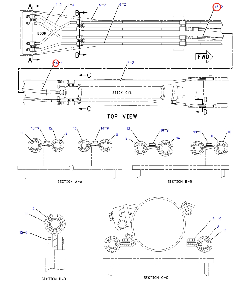 Caterpillar CAT®318B N installation diagram showing hydraulic hose 151-1751 at Pipe No. 16