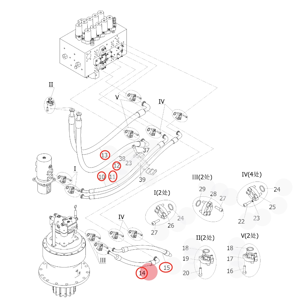 Sunward SWE365F installation diagram showing hydraulic hose 730503001158 at Pipe No. 15