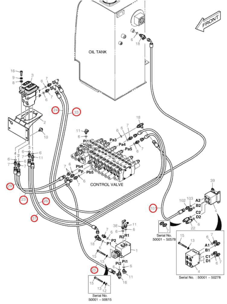 Doosan DX55 installation diagram showing hydraulic hose DS2094048 at Pipe No. 29