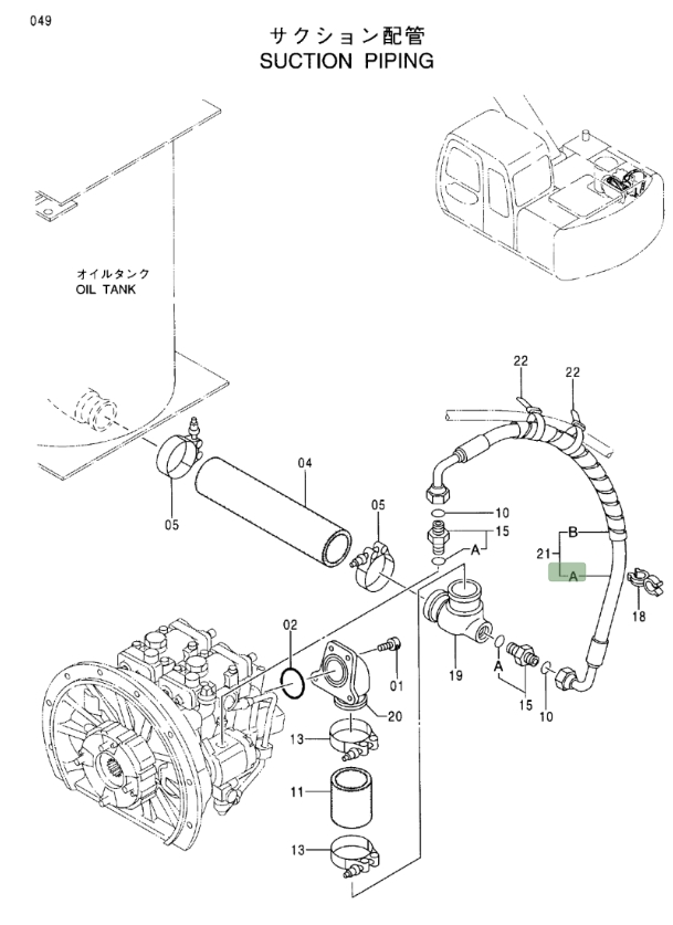 Hitachi EX100M-5 installation diagram showing hydraulic hose 4358996 at Pipe No. 21A