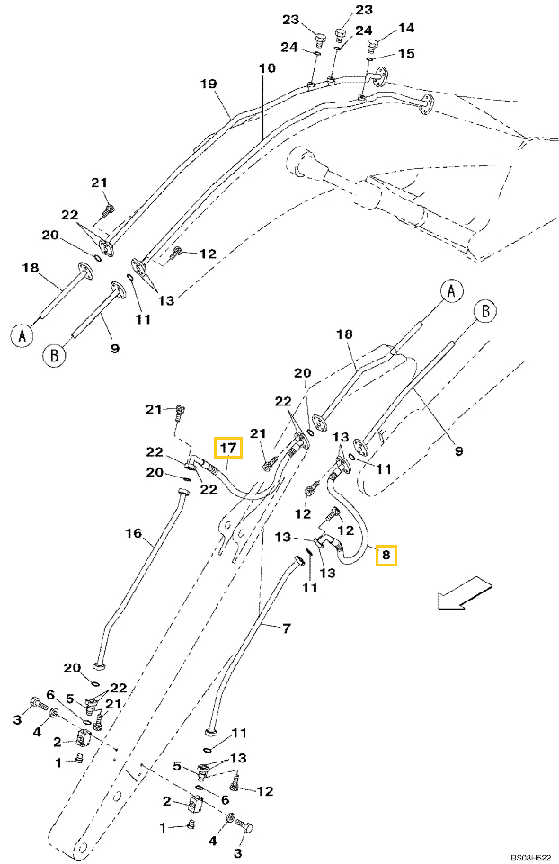 Case CX470C installation diagram showing hydraulic hose KBV16090 at Pipe No. 8