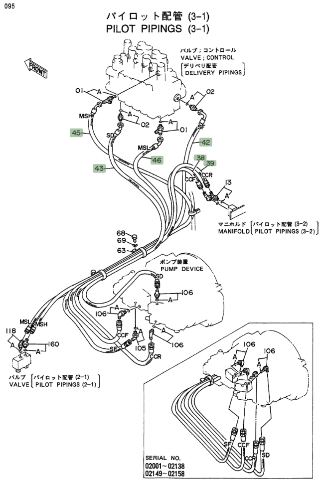 Hitachi EX400LC installation diagram showing hydraulic hose 4207346 at Pipe No. 38