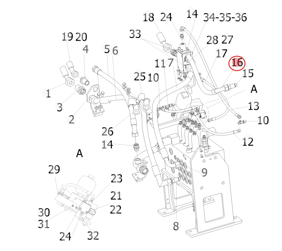 Sunward SWE155F installation diagram showing hydraulic hose 730501001662 at Pipe No. 16