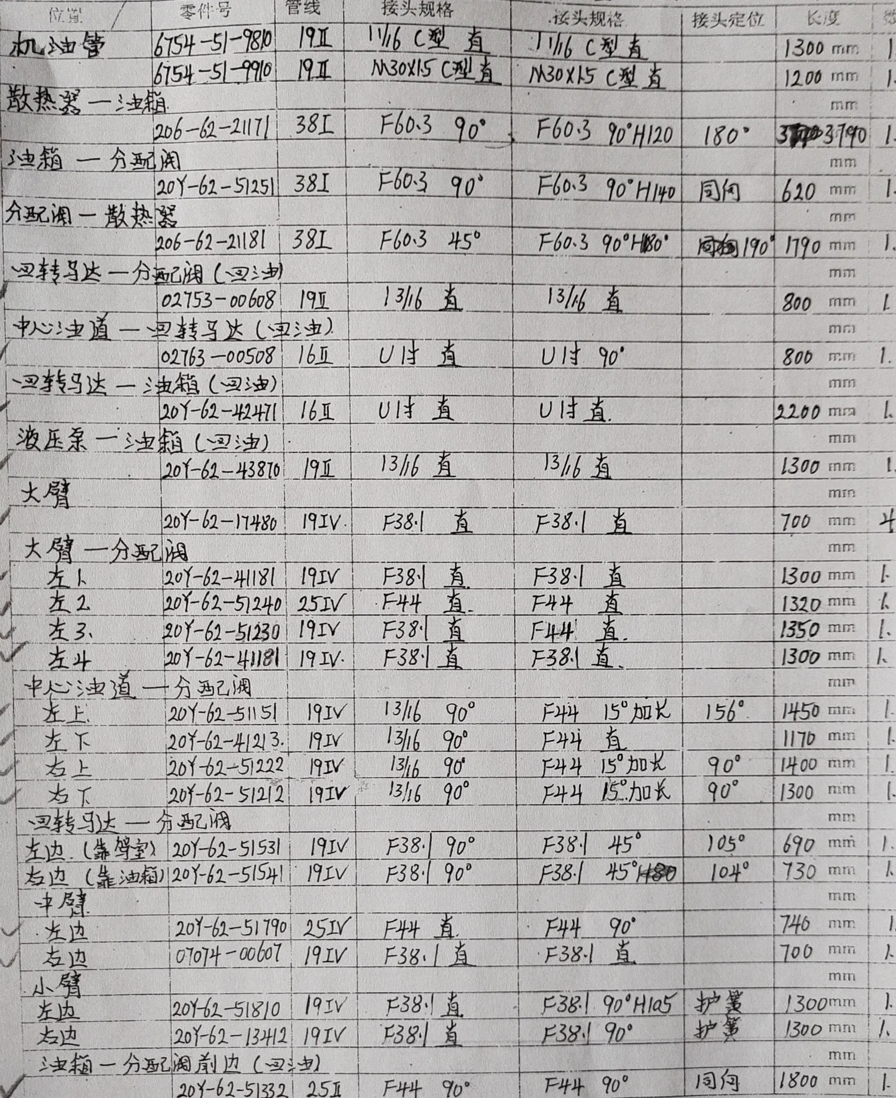 Komatsu PC200-8 hydraulic hose part numbers and recorded lengths — technician notebook page 1 of 7