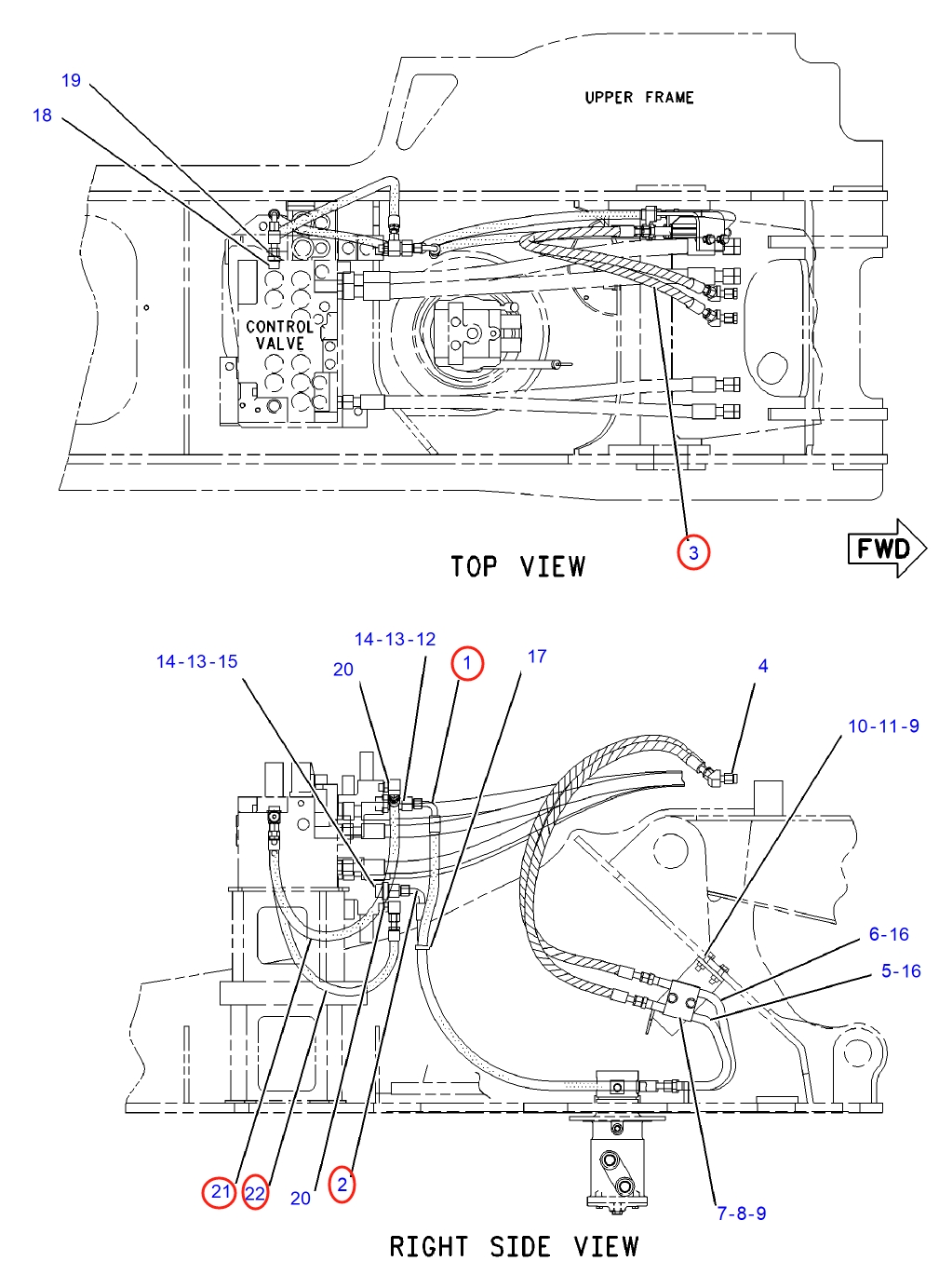 Caterpillar CAT®315C installation diagram showing hydraulic hose 4I-5997 at Pipe No. 21