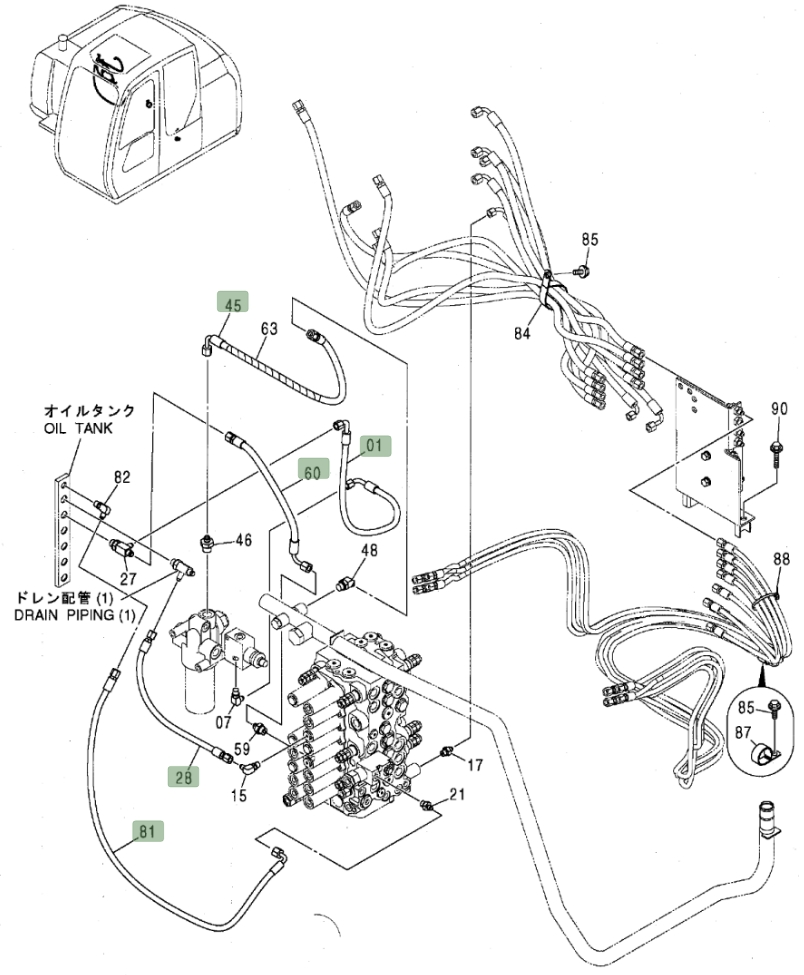 Hitachi ZX80 installation diagram showing hydraulic hose 4463068 at Pipe No. 1