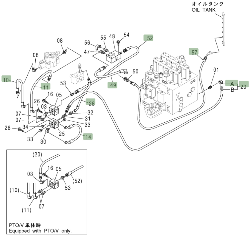 Hitachi ZX370 installation diagram showing hydraulic hose 4269846 at Pipe No. 52