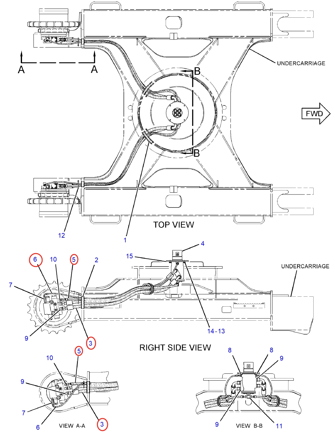 Caterpillar CAT®312D installation diagram showing hydraulic hose 307-5096 at Pipe No. 5
