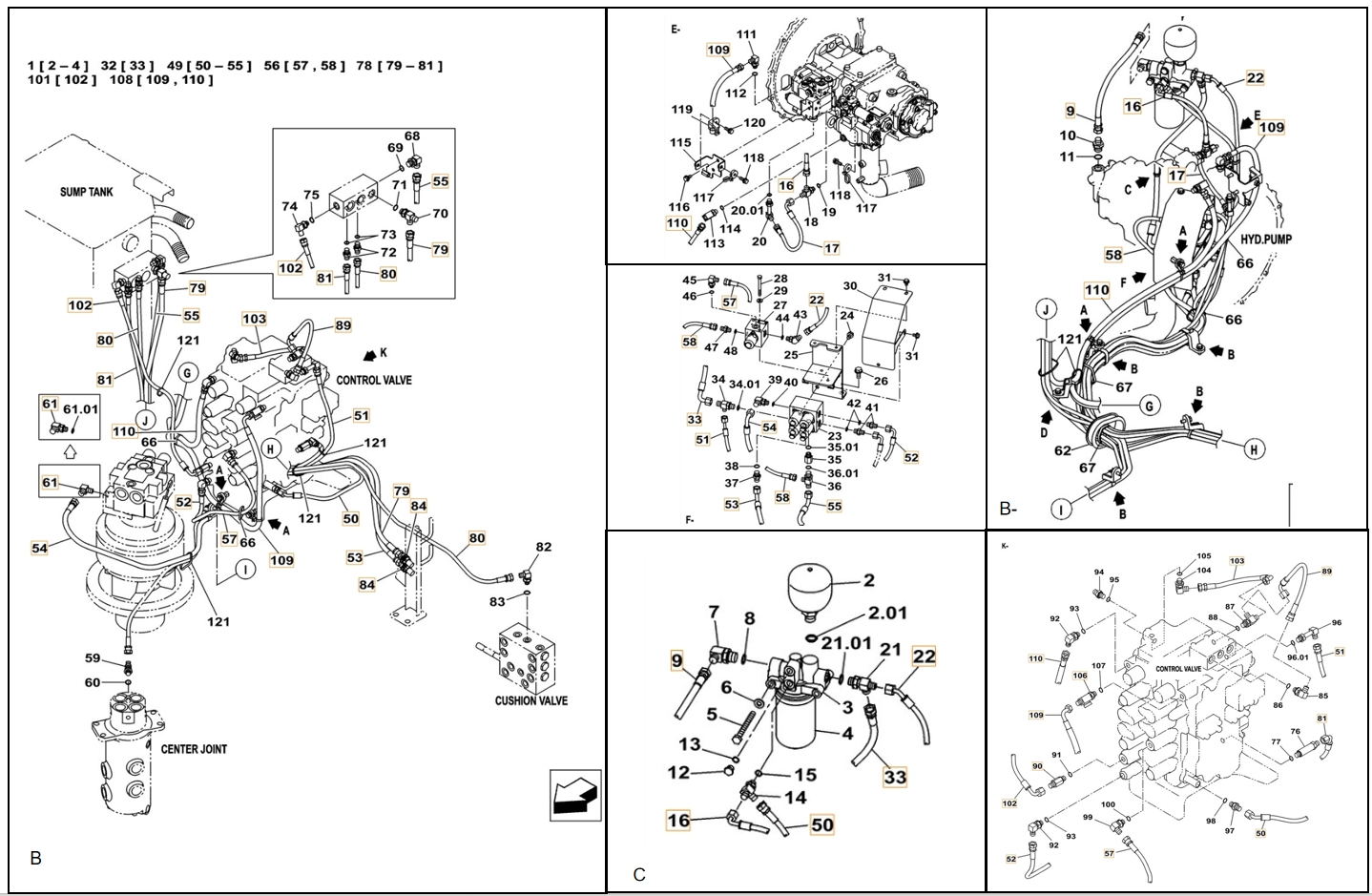 Case CX130C W/B installation diagram showing hydraulic hose KHJ2106 at Pipe No. 55