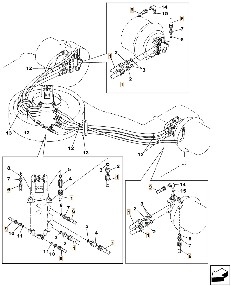 Case CX490C-8 LC installation diagram showing hydraulic hose 159005A1 at Pipe No. 6