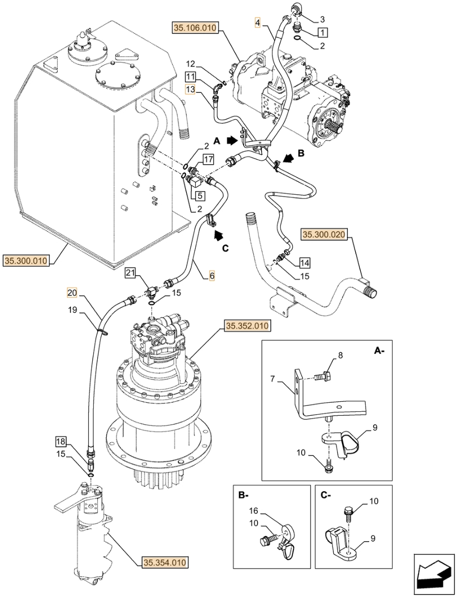 Case CX500D LC ME installation diagram showing hydraulic hose KTJ12080 at Pipe No. 20