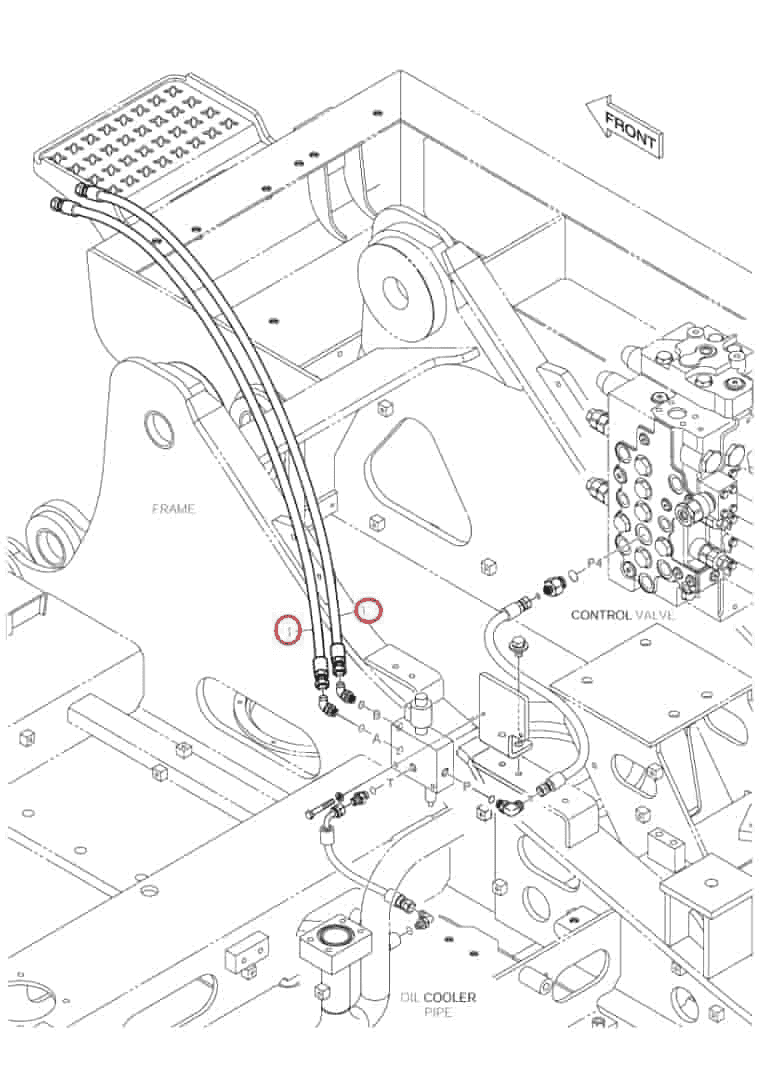 Doosan DX140LC installation diagram showing hydraulic hose 2184-1026D346 at Pipe No. 1