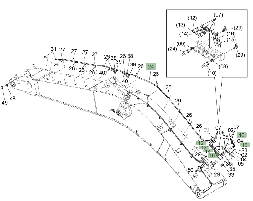 Hitachi ZX450LC-3 installation diagram showing hydraulic hose 4646141 at Pipe No. 15