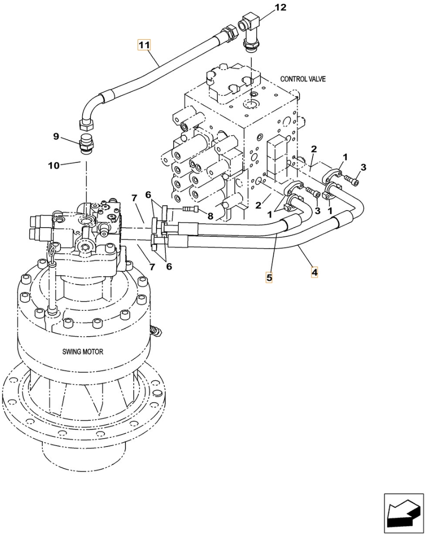 Case CX300C installation diagram showing hydraulic hose KBJ11430 at Pipe No. 11