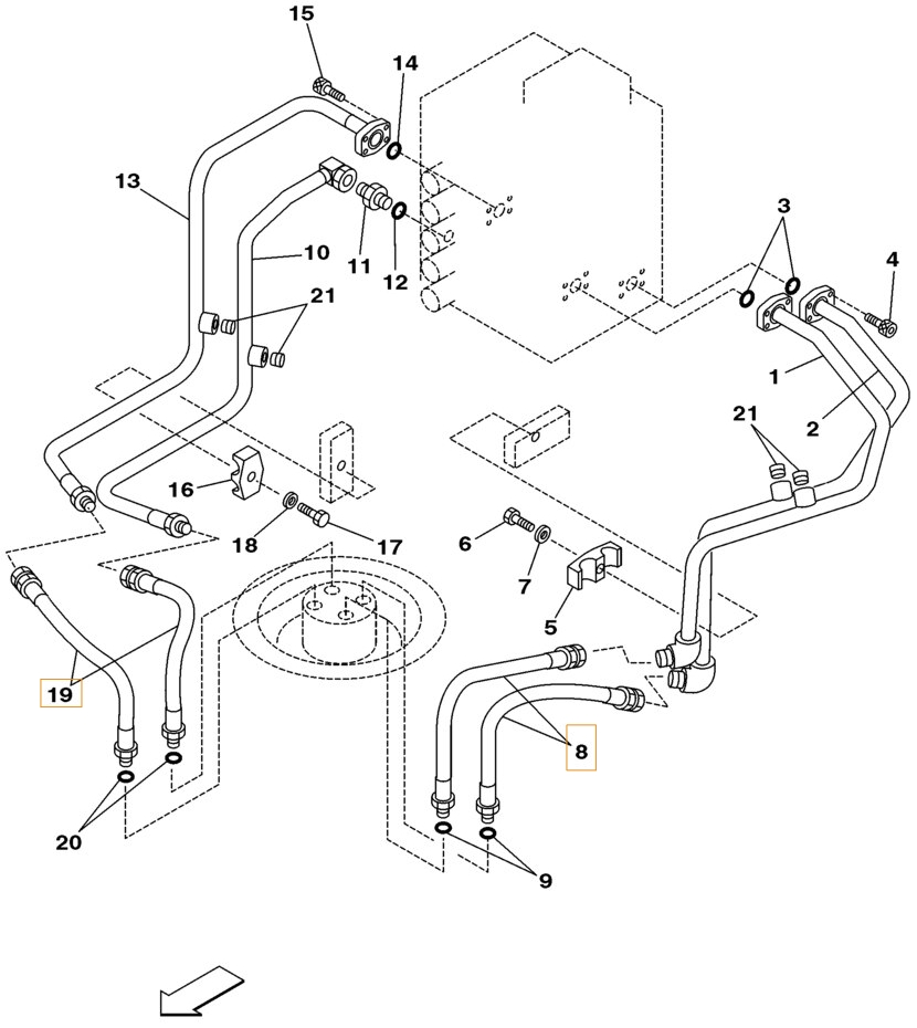 Case CX160 installation diagram showing hydraulic hose 161159A1 at Pipe No. 19