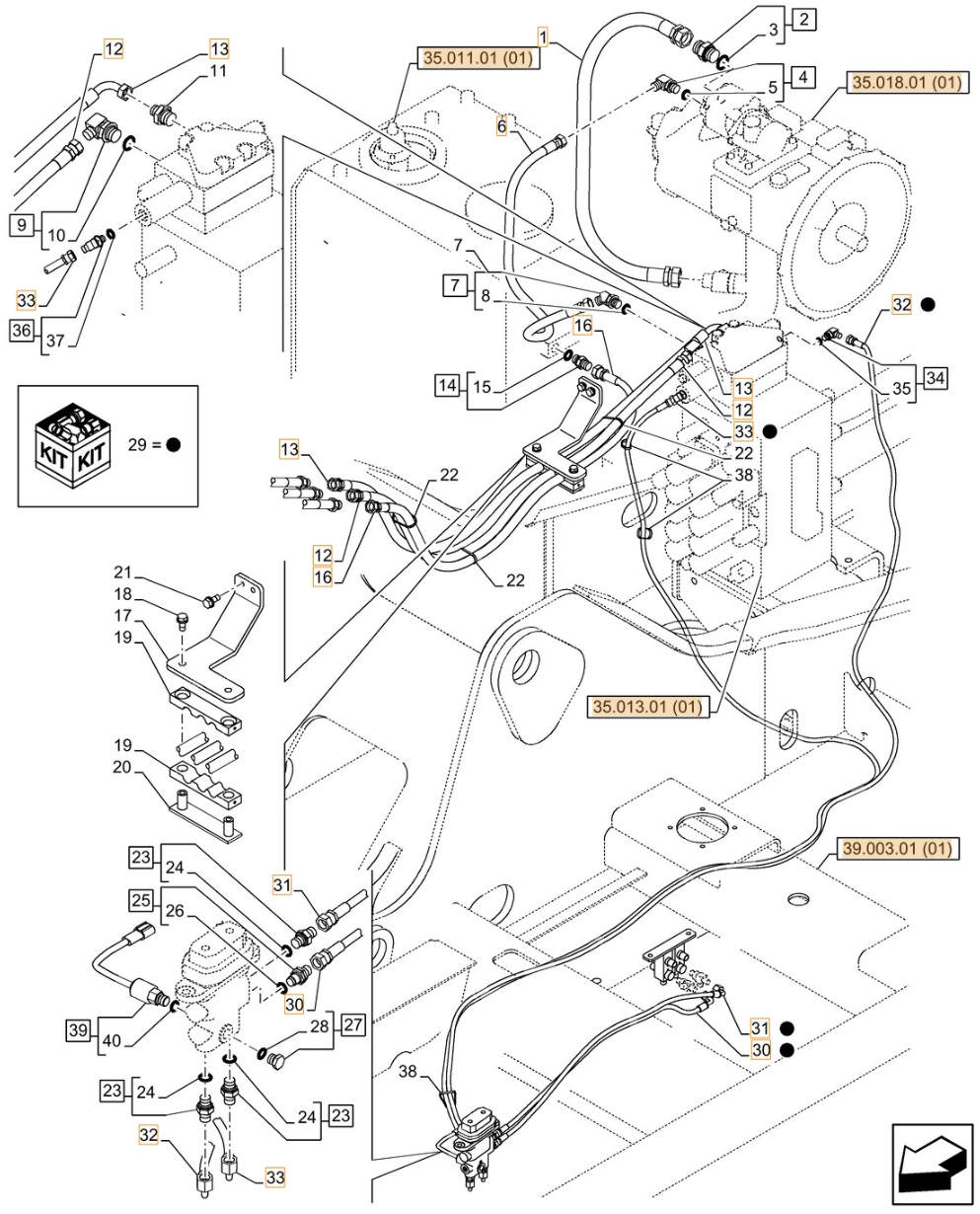 Case CX210C LC installation diagram showing hydraulic hose KHJ18020 at Pipe No. 33